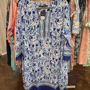 Barbara Erickson Cotofina Blue and White Resort Wear 3/4 Sleeve Dress plus new